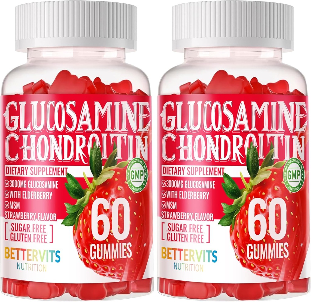 Glucosamine Chondroitin Gummies with MSM & Elderberry Extra Strength - Joint Support, Antioxidant Immune Support Supplement for Adults, Men & Women.120 Strawberry Gummies