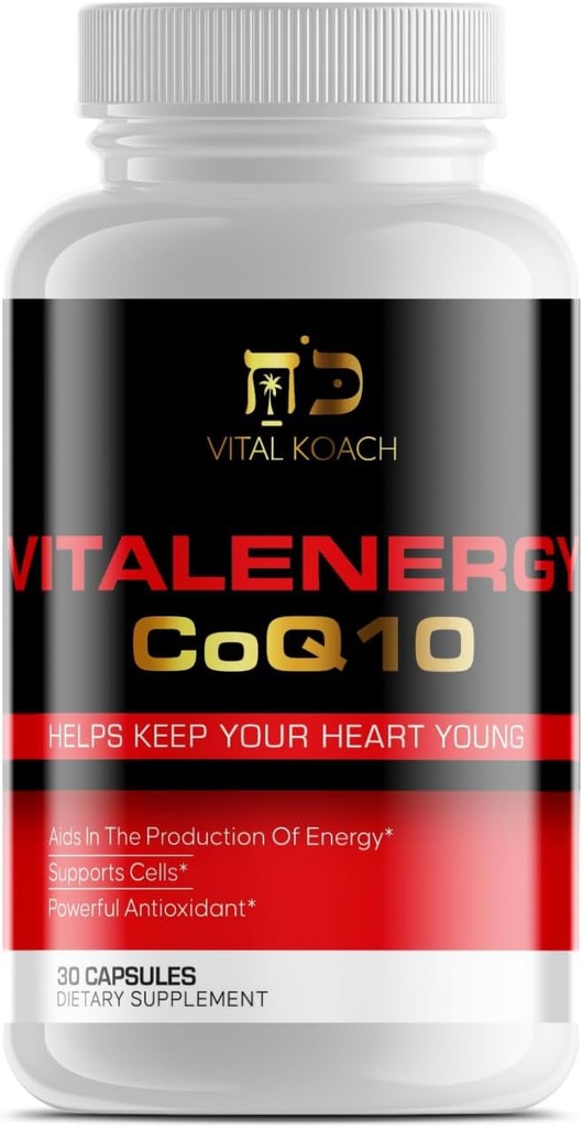 Vitalenergy CoQ10 Ubiquinone 200mg、30カプセル、サポート心血管の健康、細胞エネルギーの生産および酸化防止、白/赤/黒