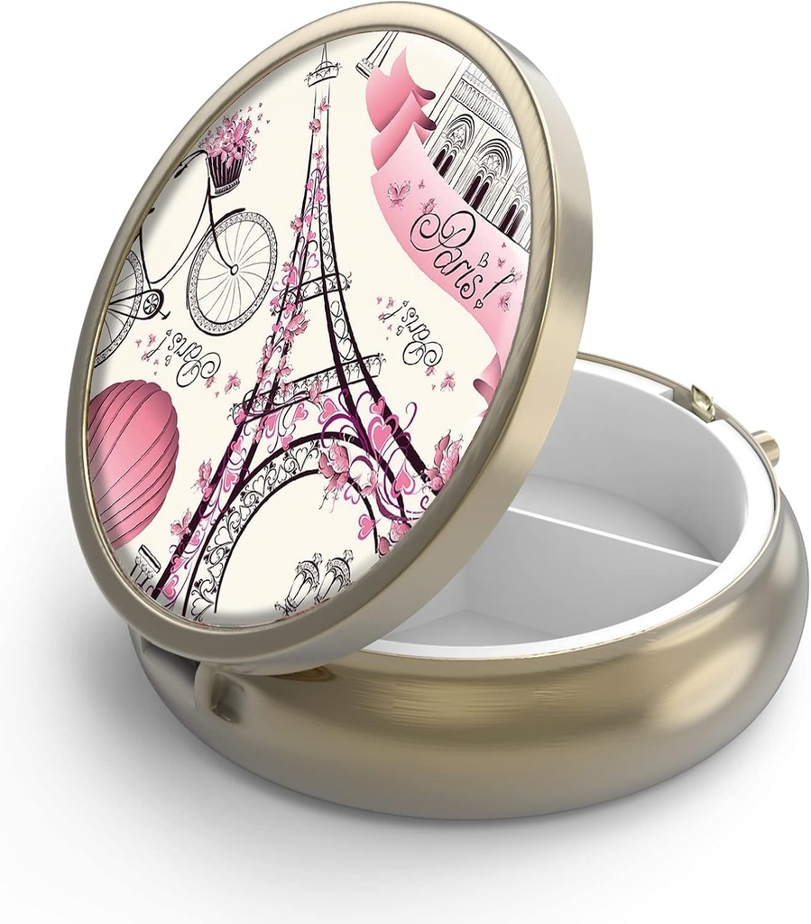 ミラーのレトロ3のコンパートメントの小型青銅の小さい敷物箱かビタミン、魚油、補足、丸薬は旅行ギフト(パリのエッフェル塔)を含んでいますPill箱を錠剤にして下さい