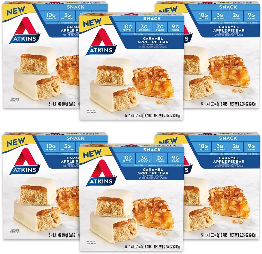 Atkinsスナックバー、キャラメルアップルパイ、自然に風味付け、タンパク質と繊維、低炭水化物、低砂糖(30バー)の良好なソース