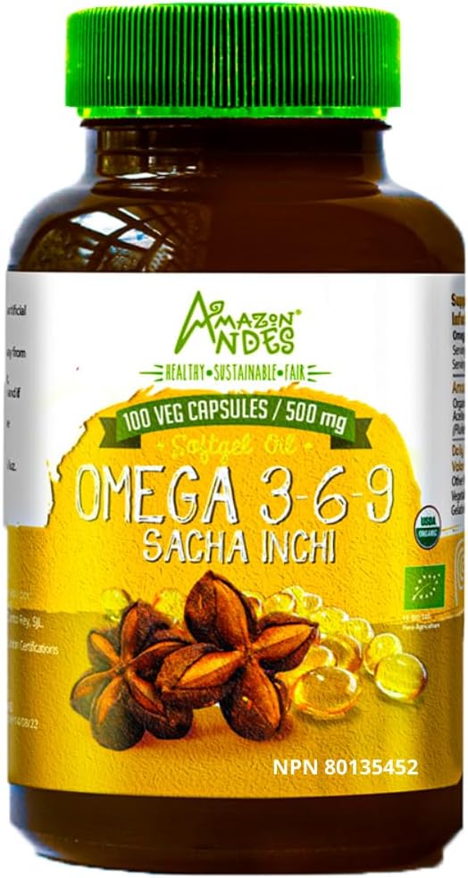 Andes Sacha Inchiオイルカプセル - オメガ3、6、9のソース - エッセンシャル脂肪酸のより健康なソース - ビーガン、非GMO、アレルゲンフリー&グルテンフリー - 100ソフトゲルピル(500mg) - ペルー製