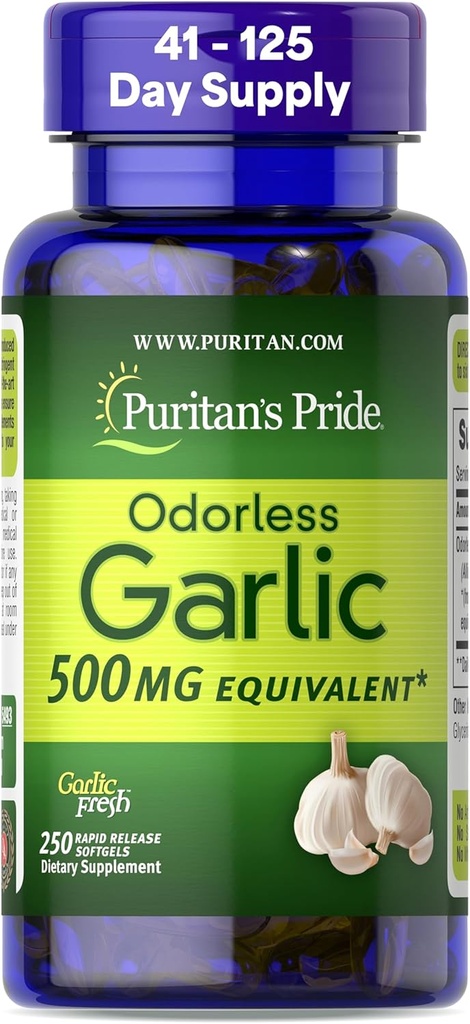 Puritanのプライドプレミアム無臭ニンニクフレッシュ500mg、心の健康のための伝統的な栄養補助食品、抗酸化特性、250急速なリリースSoftgels