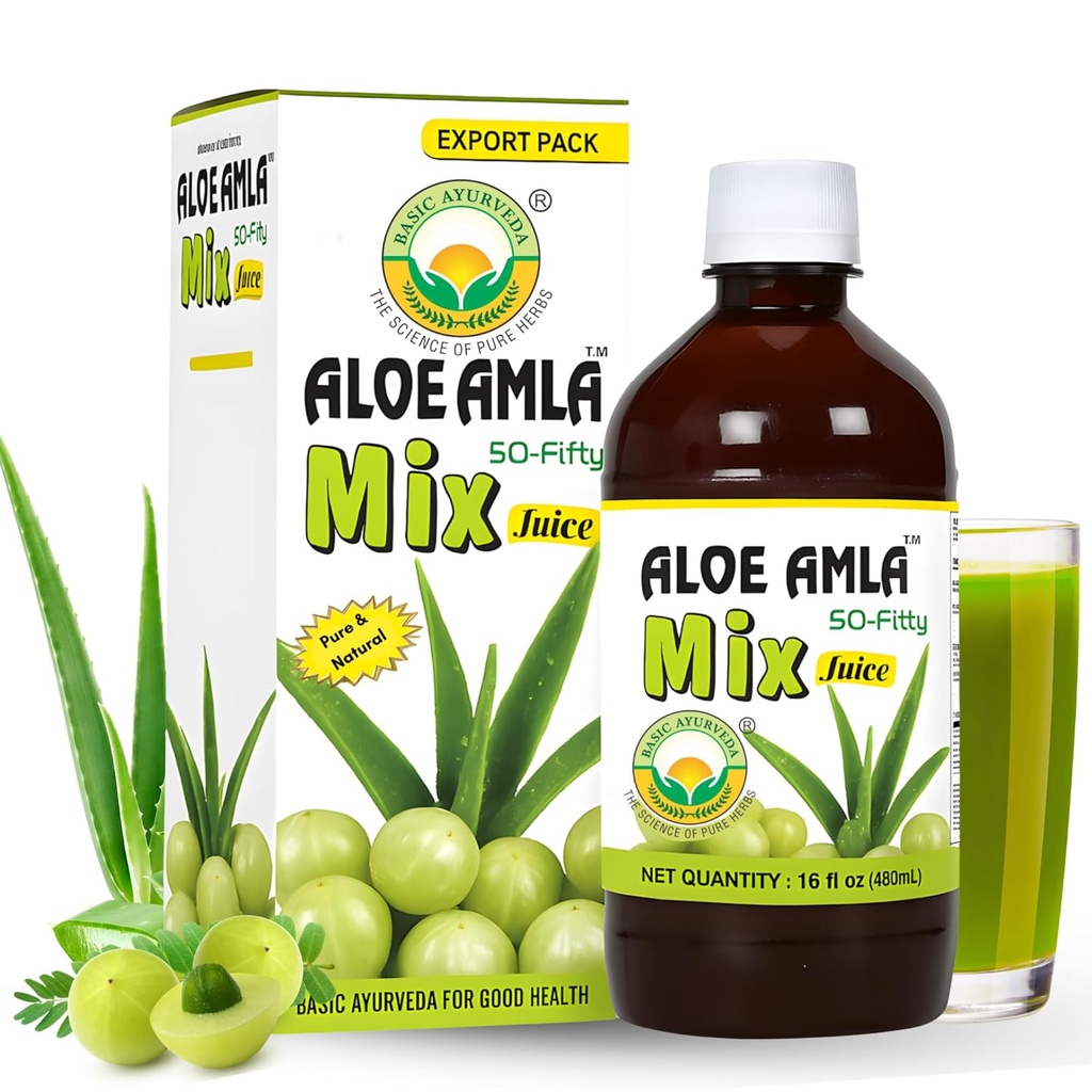 ベーシックアーユルヴェーダ・グーズベリー+アロエ・ベラジュース – 16.23 Fl Oz (480ml) | 50-Fifty 免疫・消化・皮膚の健康のためのハーブミックス | アマラ&アロエブレンド | 100% ナチュラル | 毎日のアーユルヴェーダ・トニック