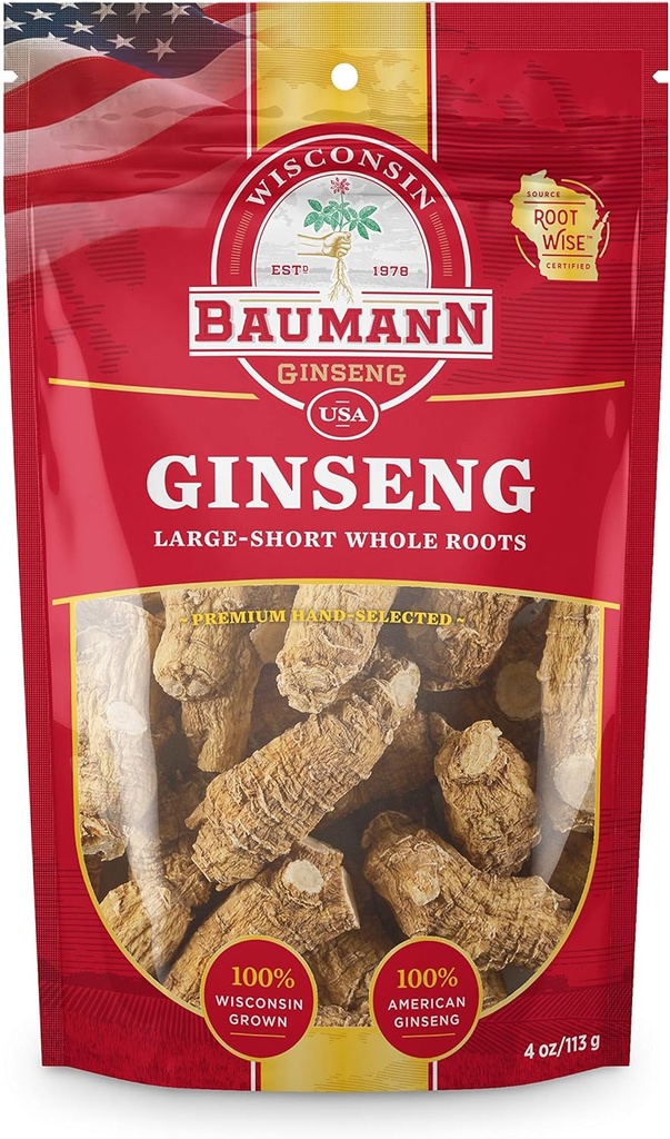 Baumann WisconsinのGinsengの全ルート-大きい不足分(4のoz。) - 100%の自然なウィスコンシンはPanaxのGinsengのハーブを育てました-高められた焦点及びエネルギーのための酸化防止のGinsenosideの純粋な乾燥されたアメリカのGinseng