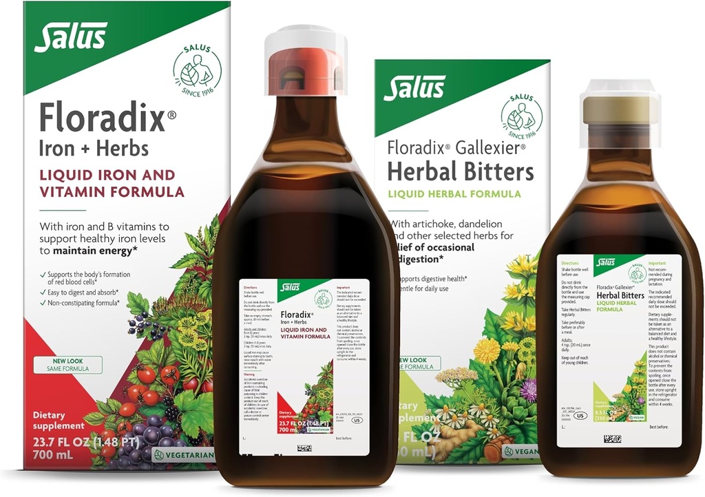 Salus Gallexier Herbal Bitters(8.5 oz) & Iron & Herbs(23.7 oz) バンドルによるFloradix - 消化器サポートのためのハーブビター* - 健康なエネルギーサポートのための鉄の補足*