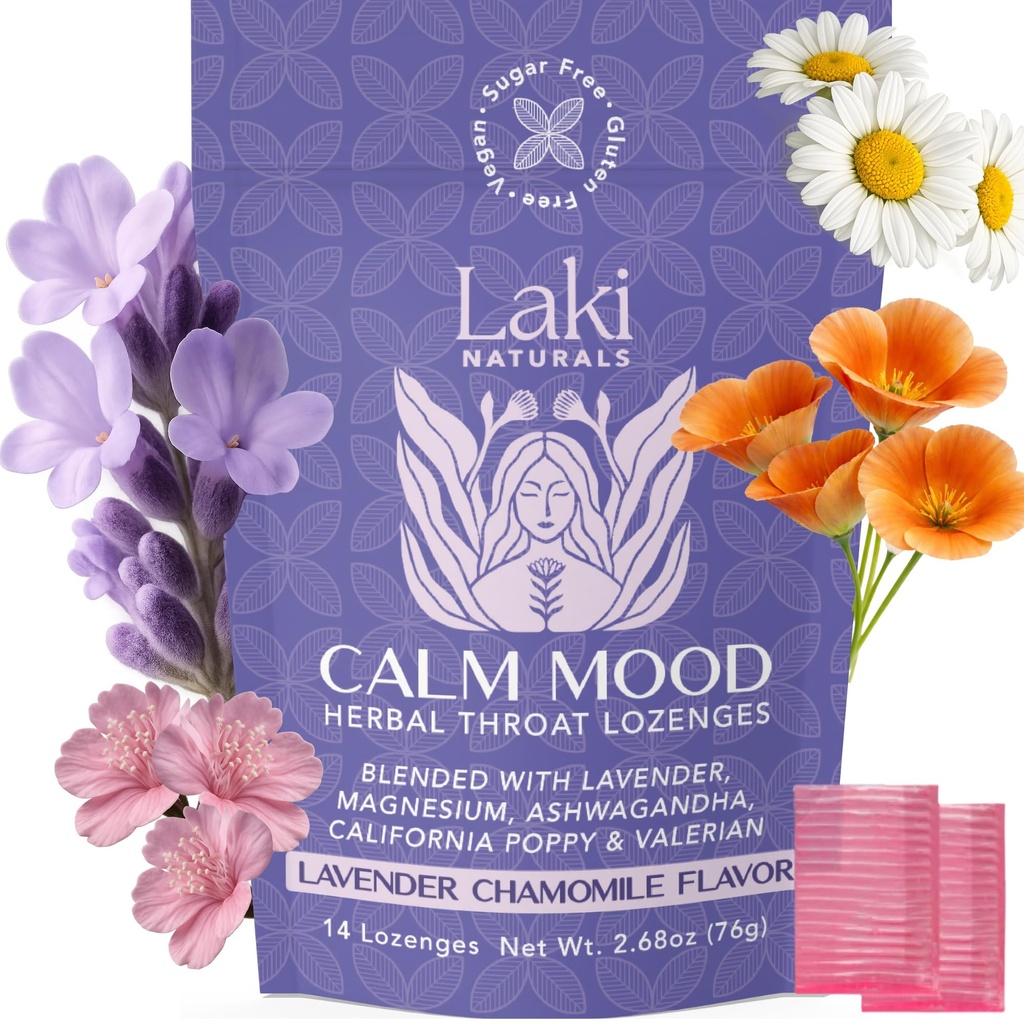 Laki Naturals Lavender Chamomile Calm Mood Functional Herbal Lozenges(14ct) Throat & Calming Hard Candies with Magnesium, Ashwagandha, カリフォルニア Poppy & Valerian. ビーガン, 砂糖無料, グルテンフリー