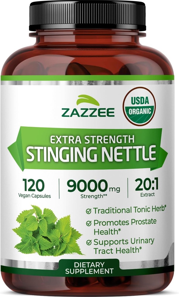 Zazzee USDA Organic Stinging Nettle 20:1 Extract, 9000 mg Strength, 120 Vegan Capsules, 4 Month Supply, Concentrated, Standardized 20X Extract, Certified Organic, 100% Vegetarian, All-Natural, Non-GMO