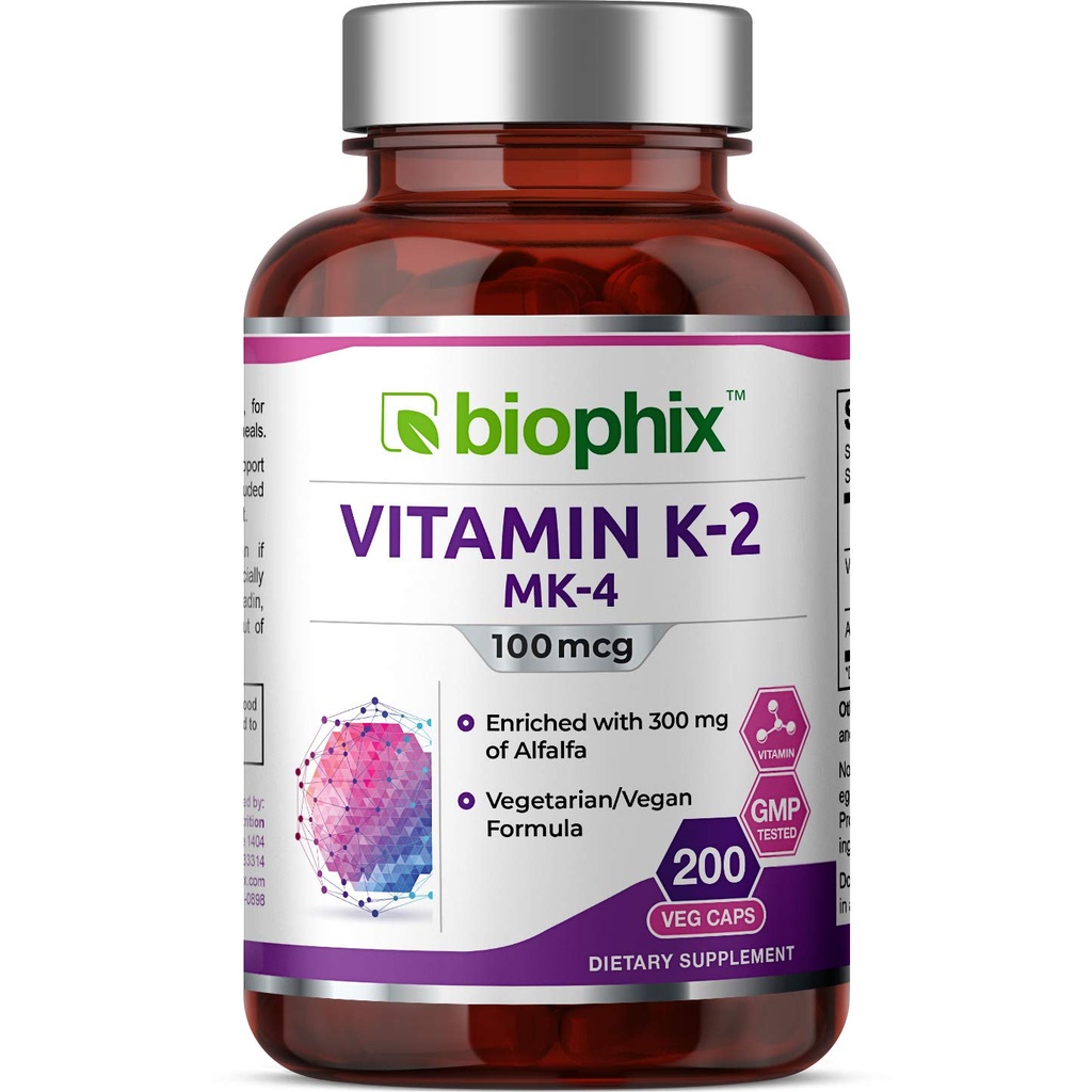 アルファルファのbiophixのビタミンK2 MK-4-100 mcg 200の帽子-サポート強い骨の免疫の健康