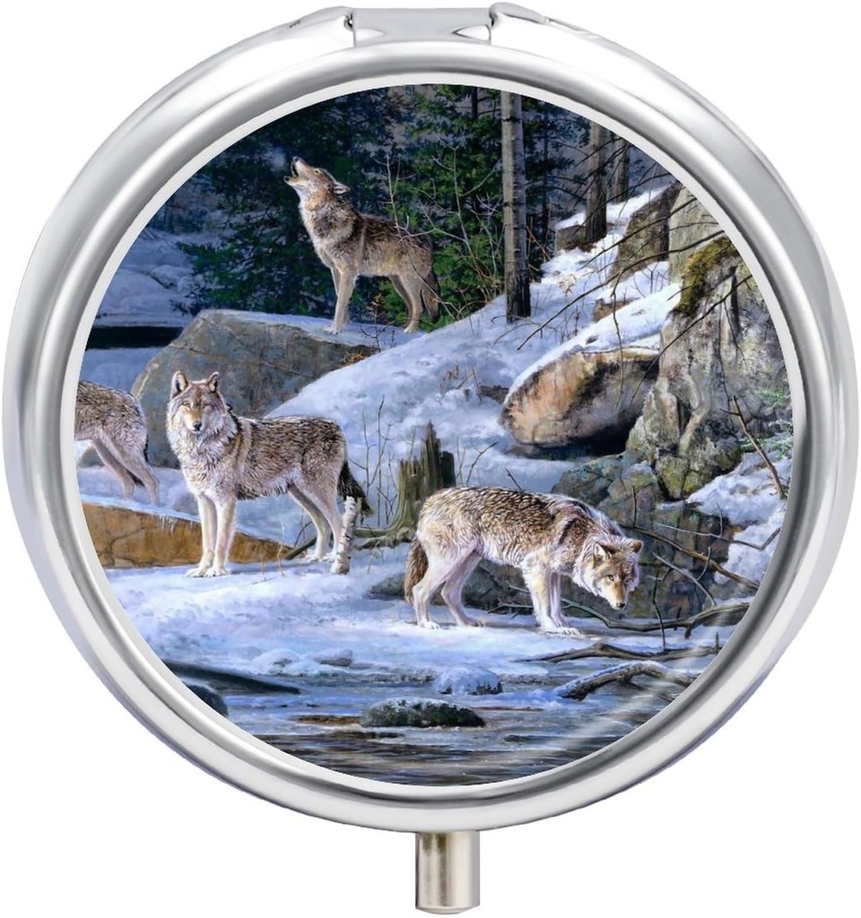 Small Travel Pill Case, Round Metal Pill Box for Pocket Purse, 3 Compartment Portable Pill Holder, Mini Pill Organizer for Travel or Daily - Wolf