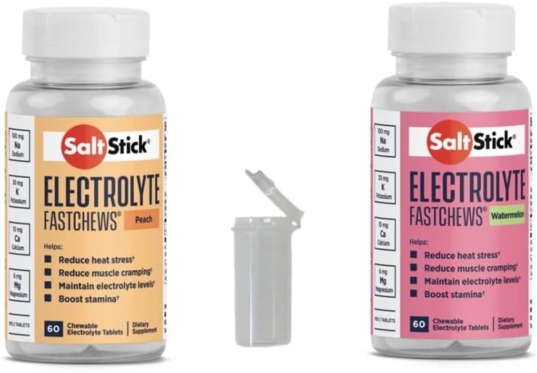 SaltStick FASTCHEWS® Variety 2-Pack - 60カウントボトルのピーチ&ウォーターメロンとレースレディチューブ