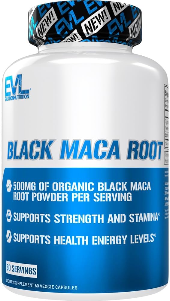 Evlution Nutrition Black Maca Root - Energy Support - 500mg Organic Black Maca Root Powder - Workout Supplement - Vegetarian Capsules - for Strength Performance & Stamina - 60 Servings