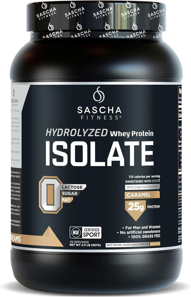 SASCHA FITNESS Hydrolyzed Whey Protein Isolate,100% Grass-Fed (2.11 Pounds) (Caramel Flavor)