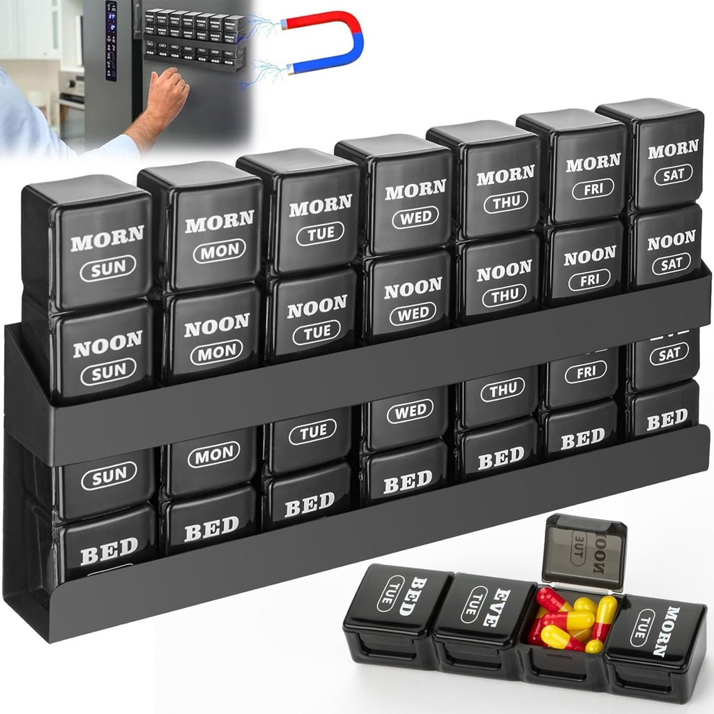 ピルオルガナイザー 4 日: 週刊ピル ボックス 7 磁気棚付き日 - 大型コンパートメント ピルケース - 魚油 ビタミン ホルダー サプリメント (黒) のための取り外し可能な薬主催者ディスペンサー