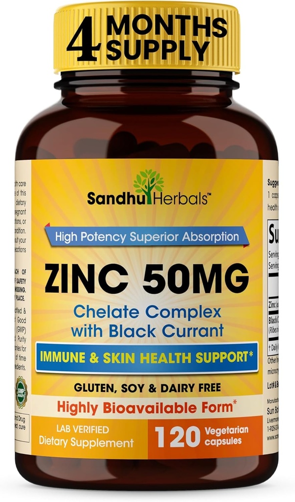 Zinc Supplements for Men and Women | Zinc 50mg with Black Currant 120 Vegetarian Capsules | Highly Absorbable Form for Immune Support | Zink 50 mg Supplement Promotes Skin Health