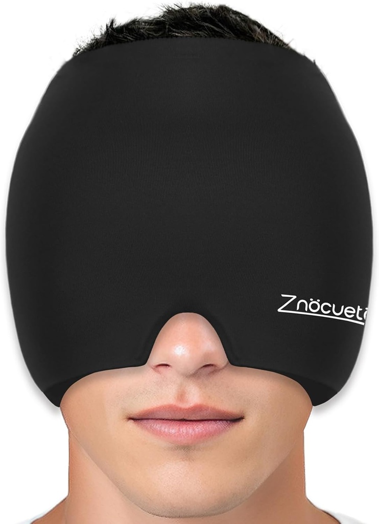 ZNÖCUETÖDの片頭痛の救助の帽子の帽子の帽子の帽子の帽子の帽子の帽子の帽子の帽子の帽子のフル ヘッドのアイス パックの覆いの冷却のゲルのアイス豆の熱い/冷たい圧縮の帽子のためのSinus、圧力、掛かる頭痛の痛みの軽減-再使用可能な人の女性、黒、サイズM