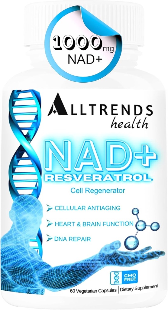AllTRENDS健康NADサプリメント1000mg |Resveratrol 500mg |TMG Trimethylglycine 500mg |細胞再生・心臓・脳機能・DNA修復・長寿・エネルギー・酸化ストレス | 60Caps