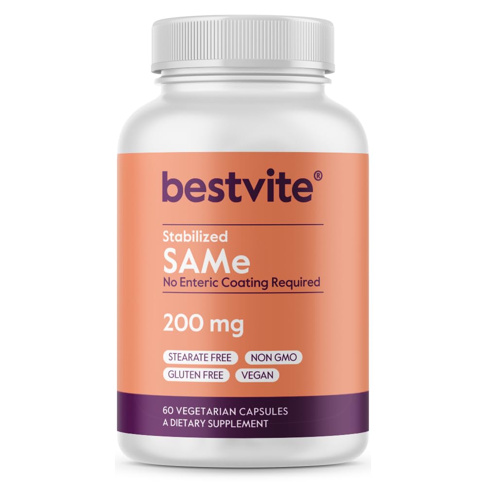BESTVITE SAM-e 200mg 安定化 (60 ベジタリアンカプセル) - カプセルフォームを飲みやすく - 必要なエンターティックコートなし - 酸化チタンなし - 層なし - 完全菜食主義者 - 完全菜食主義者の非GMO - グルテンフリー