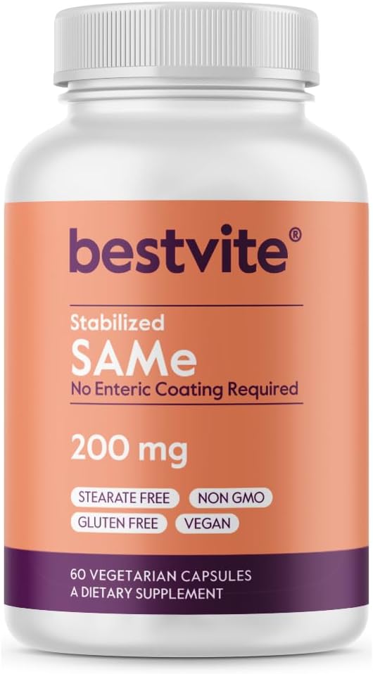 BESTVITE SAM-e 200mg 安定化 (60 ベジタリアンカプセル) - カプセルフォームを飲みやすく - 必要なエンターティックコートなし - 酸化チタンなし - 層なし - 完全菜食主義者 - 完全菜食主義者の非GMO - グルテンフリー