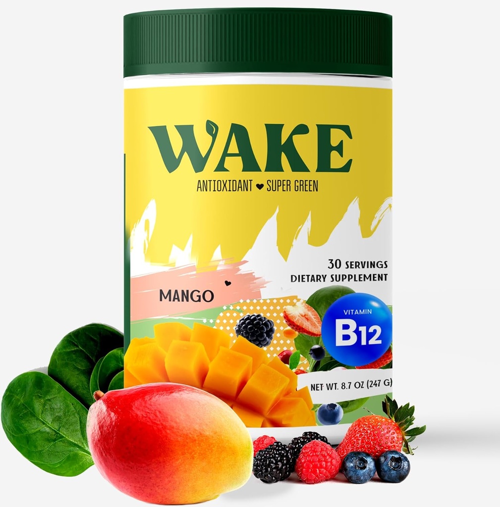 Wake Antioxidant Super Greens, Best Natural Powder Superfood, Spirulina & Chlorella, Vitamin B12, Non-GMO Vegan Drink, Juice & Smoothie Blend, Enzymes, Probiotics, Acai Berry & Camu Camu