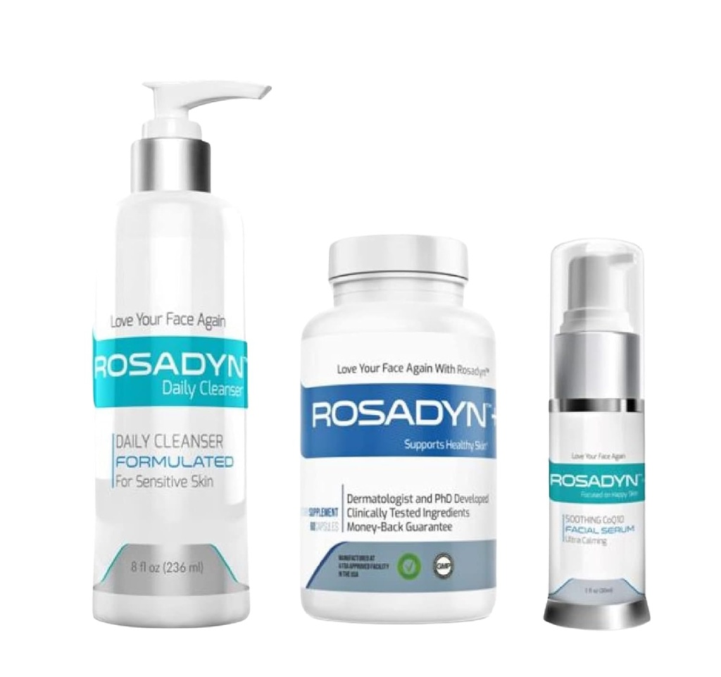 Rosadyn Rosaceaのスキン ケア プロダクト、3のセット|赤みの救助の補足、クリームの洗剤およびRejuvenating CoQ10の表面の血清