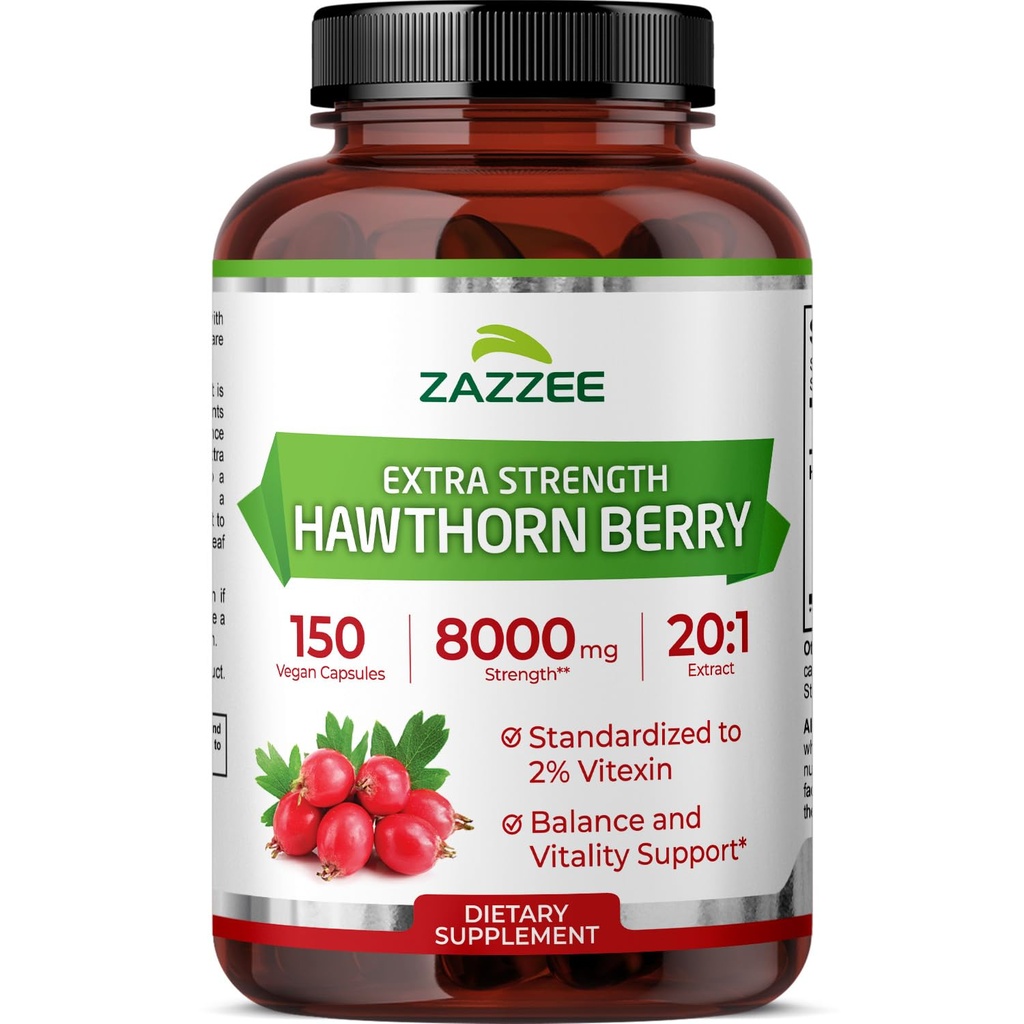 Zazzeeの余分強さのHowthornの果実20:1のエキス、8000のmg強さ、2%のVitexin、150のビーガンカプセル、5か月の供給、集中し、標準化されたPotent 20Xのエキス、非GMOおよびオールナチュラル