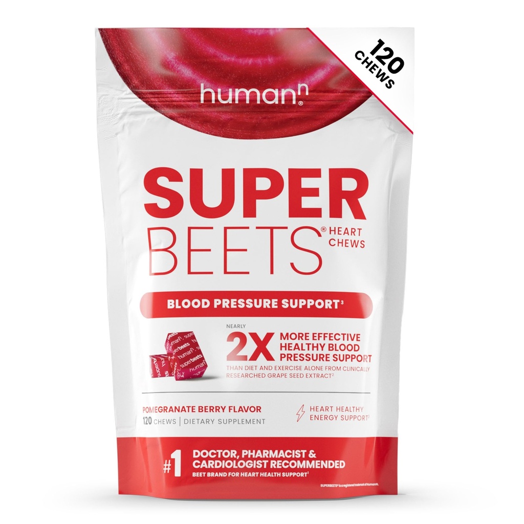HumanN スーパービートハート咀嚼、ニトリ酸化物および血圧サポート、ブドウ種子エキス&非GMOビートルートパウダーエネルギー、ザクロベリー風味、120