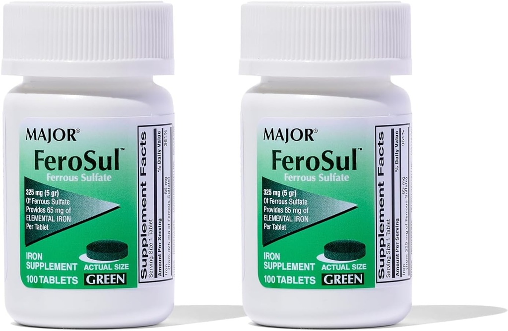 Major Ferosul - Ferrous Sulfate 325mg Tablets with 65mg of Elemental Iron - Iron Supplement for Women, Men - Green - 100 Count (2 Pack)
