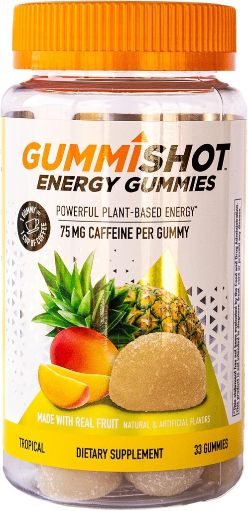 GummiShotエネルギーグミ、ボトルあたりの植物ベースのカフェイン咀嚼の2475mg、長続きするエネルギーブースター、熱帯(33ct)
