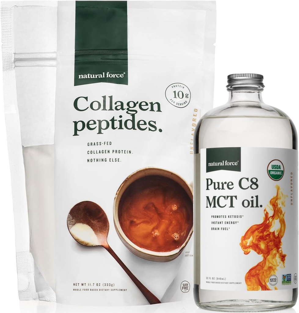 天然力の有機性MCT オイル+草の餌のコラーゲンのペプチッド 束–有機性、非GMO、100%の純粋なココナッツMCT及び加水分解されたタイプIおよびIIIのコラーゲン蛋白質- 16のOunceのびんおよび11.7のOunce袋