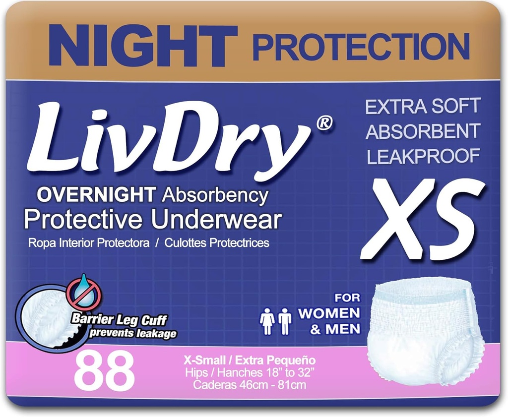 LivDry Adult XS Incontinence Underwear, Overnight Comfort Absorbency, Leak Protection, X-Small, 88-Pack
