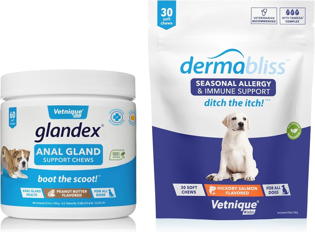 Vetnique Labs Dermabliss Allergy Chews 30 Ct と Glandex Anal Gland サポート Chews 60 Ct バンドル ドッグ ビタミン & サプリメント, プロバイオティクスとアナル ゴー ドッグ トリート, 犬アレルギー 皮膚治療 ソフト 咀嚼