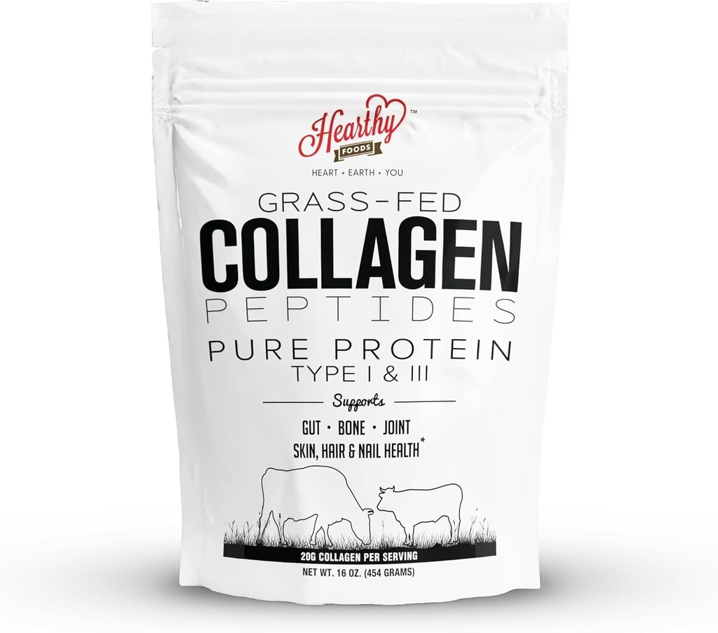 HEARTHY FOODS Collagen Powder - 18g Protein - Pure Halal Collagen Peptides Grass Fed Organic Hydrolyzed Powder | Type I and III Unflavoured Keto Friendly Gluten Free No Sugar Non GMO 16 Oz
