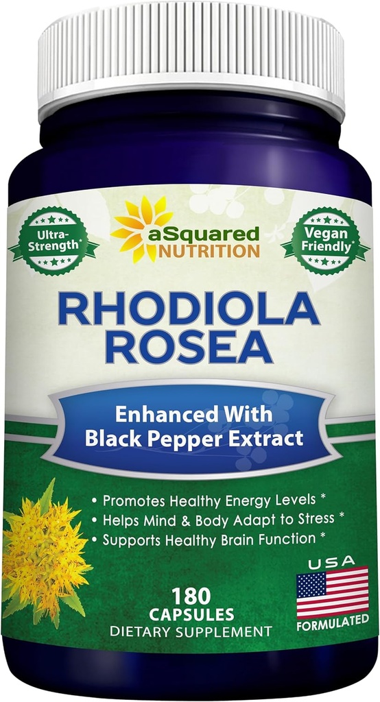 黒いペッパーの補足との aSquared の栄養の Rhodiola Rosea の最高の強さ- 180 のカプセル-最高の吸収の粉の丸薬-圧力救助、気分、純粋な焦点及びエネルギーのための金根ハーブ-帽子ごとの 500mg