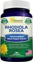 黒いペッパーの補足との aSquared の栄養の Rhodiola Rosea の最高の強さ- 180 のカプセル-最高の吸収の粉の丸薬-圧力救助、気分、純粋な焦点及びエネルギーのための金根ハーブ-帽子ごとの 500mg