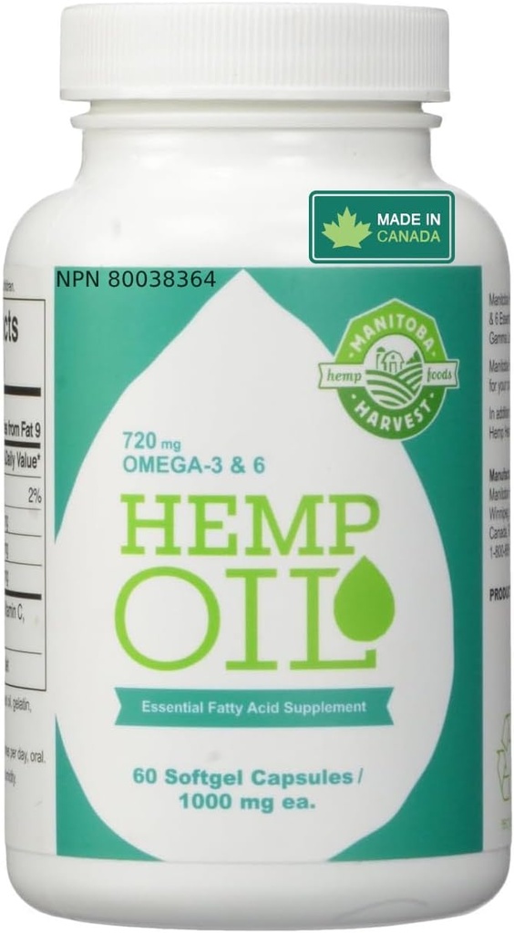Manitoba Harvest Hemp Seed Oil Softgels, 2,475mg of Plant Based Omegas 3,6 & 9 per serving including GLA, Fish Oil Alternative, 60ct (pack of 12)