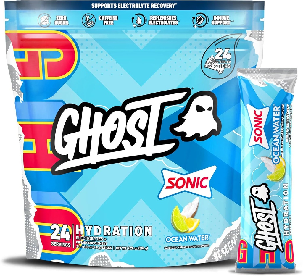GHOSTの加水パック, ソニックオーシャンウォーター, 24 スティック, 電解質パウダー - 飲み物ミックスサプリメントとマグネシウム, カリウム, ビタミンC - ビーガン, 大豆の無料, 砂糖 & グルテンフリー