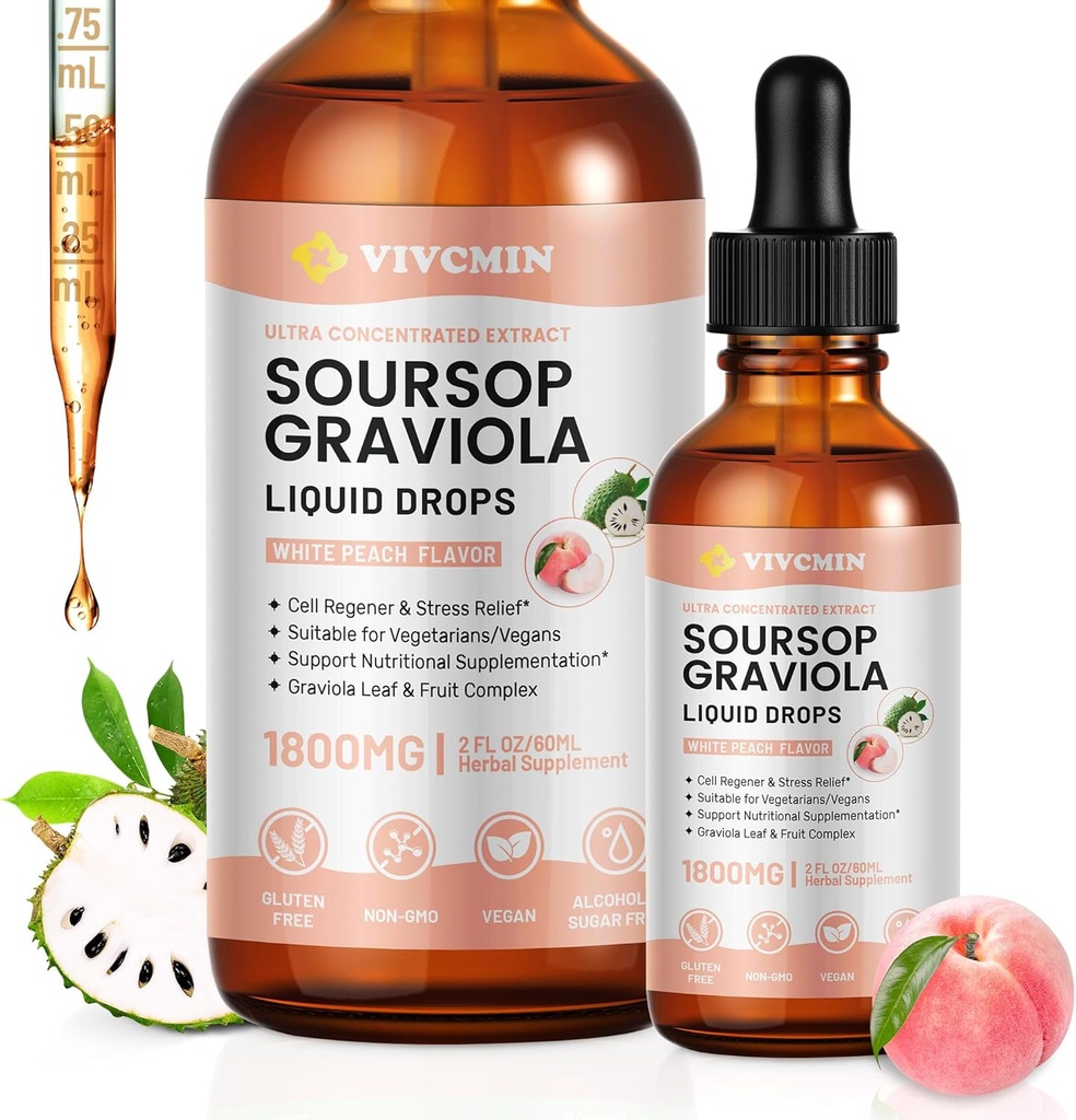 Graviola Soursopの葉のエキスの液体-Soursopのビターの液体、サポート 免疫、弛緩、レバーおよび睡眠、砂糖及びアルコールフリー、高吸収性の方式、白いピーチの味、2 Fl Oz