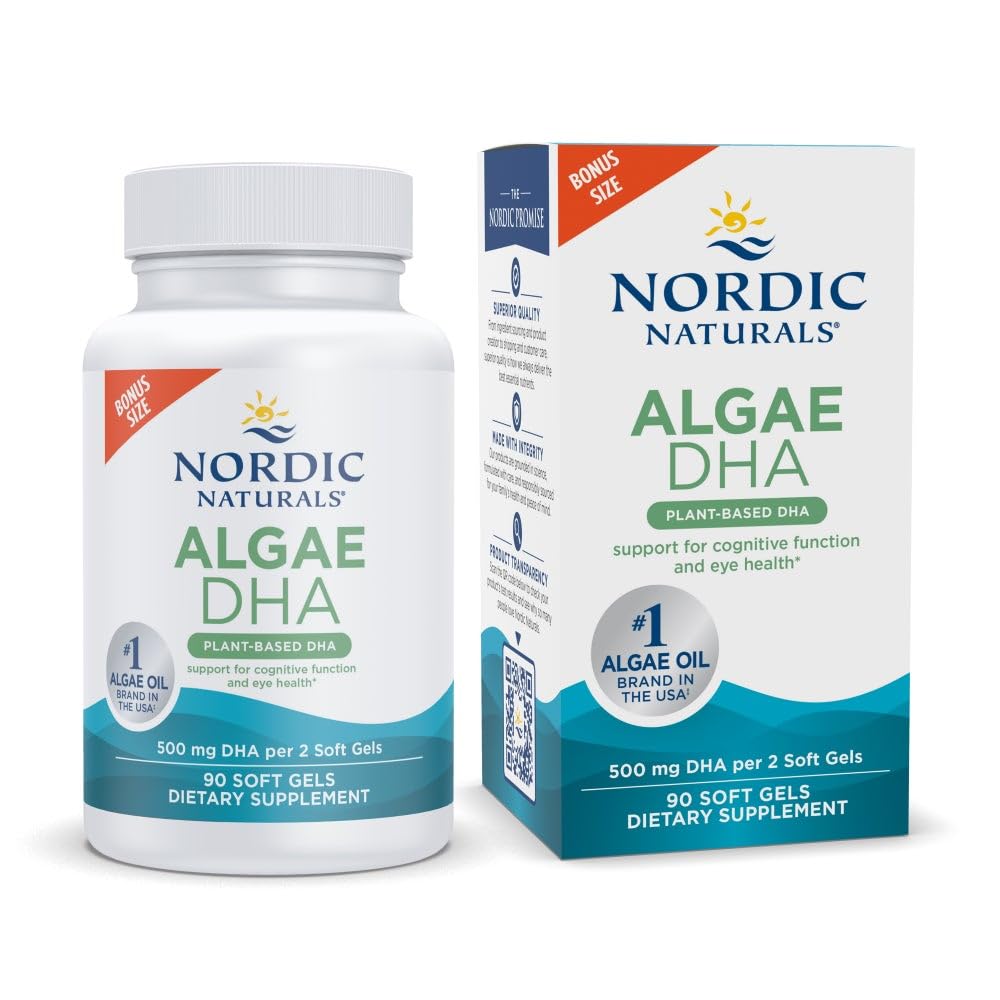 Nordic Naturals Algae DHA - 90 ソフトジェル - 500 mg Omega-3 DHA - 認定ビーガン藻油 - 植物ベースのDHA - 脳、目&神経系サポート - 非GMO - 45 サービング