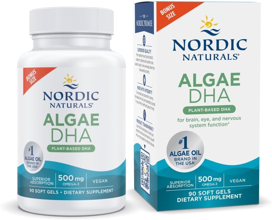 Nordic Naturals Algae DHA - 90 ソフトジェル - 500 mg Omega-3 DHA - 認定ビーガン藻油 - 植物ベースのDHA - 脳、目&神経系サポート - 非GMO - 45 サービング