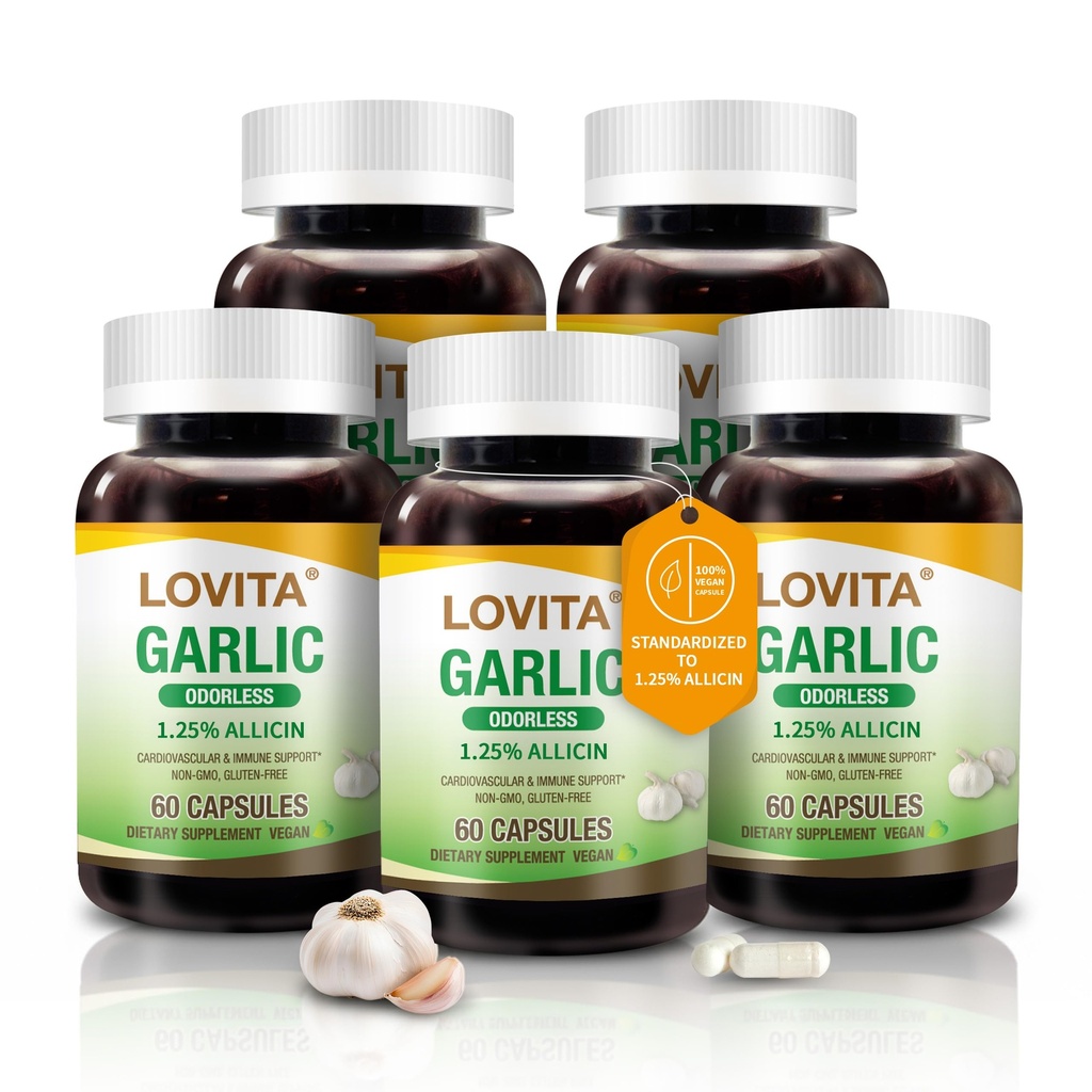 Lovita 無臭のニンニクのカプセル、5000mg の新しいニンニクの等価、1.25% アリシンのエキス、サポート ハート、血圧、コレステロール及び免疫システム、非GMO、グルテンフリー、300 ビーガンカプセル