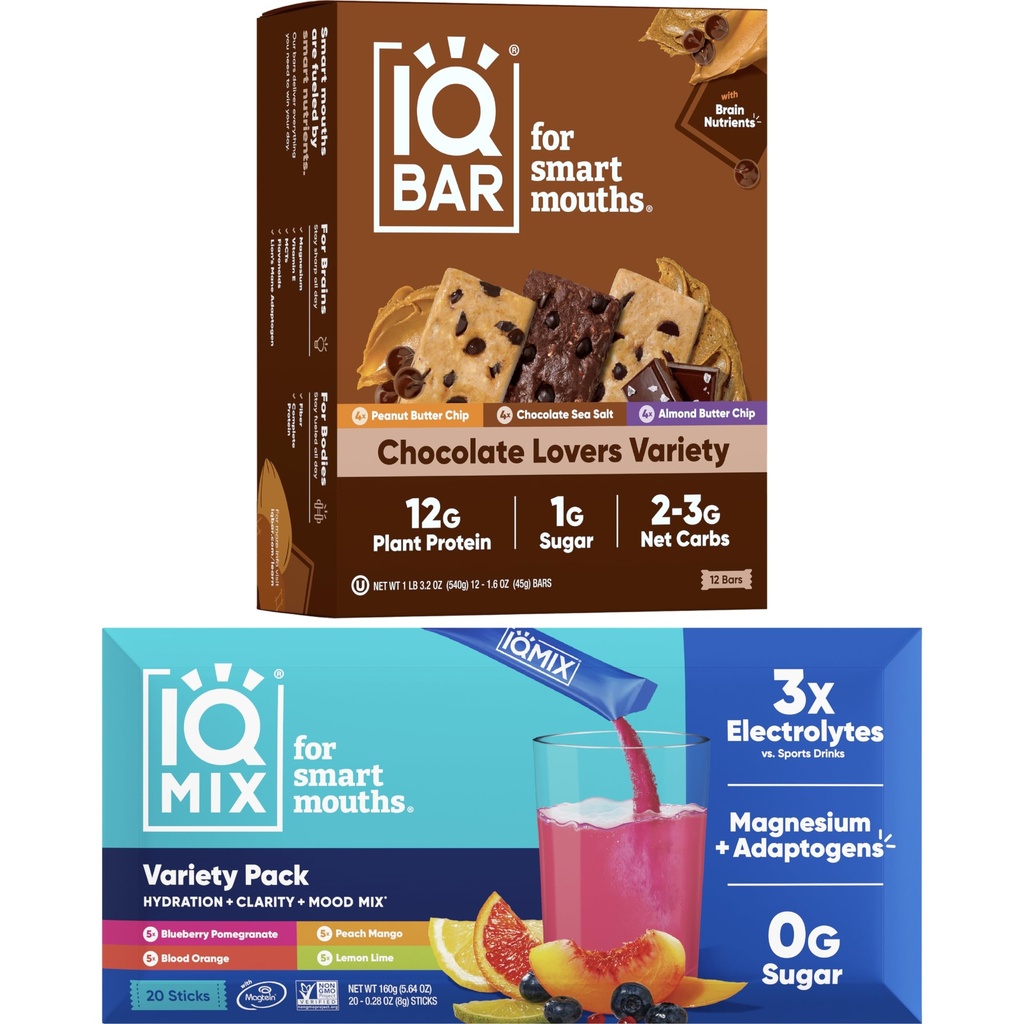 IQBAR の頭脳およびボディ Keto の蛋白質棒 - 12 のカウント チョコレート 恋人の品種の低い炭水化物、ビーガン棒及び IQMIX の砂糖の自由な電解質の粉の小包 - ライオンズのマネとの電気計算する 20 のバラエティ パック Keto