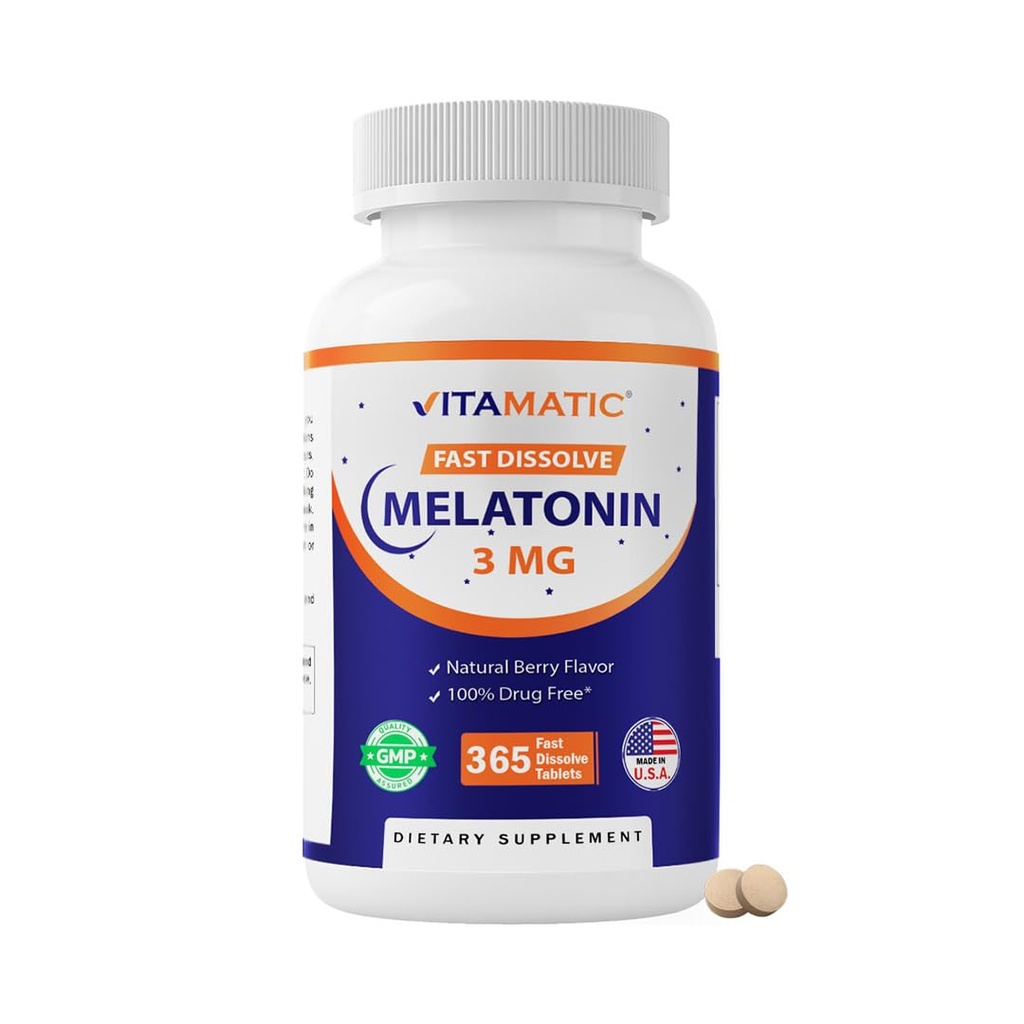 Vitamatic Melatonin 3mg 錠 | ベジタリアン・非GMO・グルテンフリー | 1 年供給 | ナチュラルベリー味 - 365 タブレット
