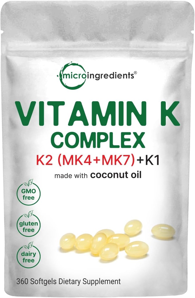 Micro Ingredients Super Vitamin K Complex (K2 MK7 + MK4 &amp; K1), 360 Coconut Oil Softgles | Easily Absorbed K Vitamins, Active Menaquinone Complex | Immune, Joint, &amp; Heart Support | Non-GMO