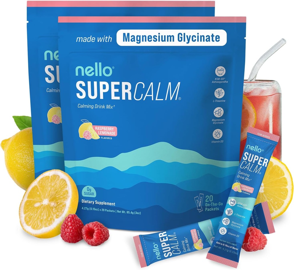 NelloのSupercalmは飲み物の組合せ、ラズベリーのLemonade、Lのテアニン、Ksm-66 Ashwagandha、マグネシウムのGlycinate、ビタミンD 3の弛緩及び焦点のための補足、砂糖、非GMO無し、行きます、(2パック)