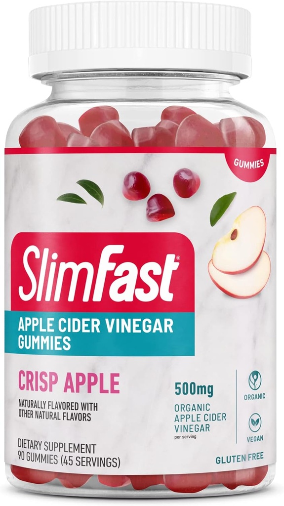 SlimFast Apple Cider Vinegar Gummies、500mgオーガニックアップルサイダーのサプリメント、Crisp Apple Flavor、45サービング(パッケージ5月Vary)