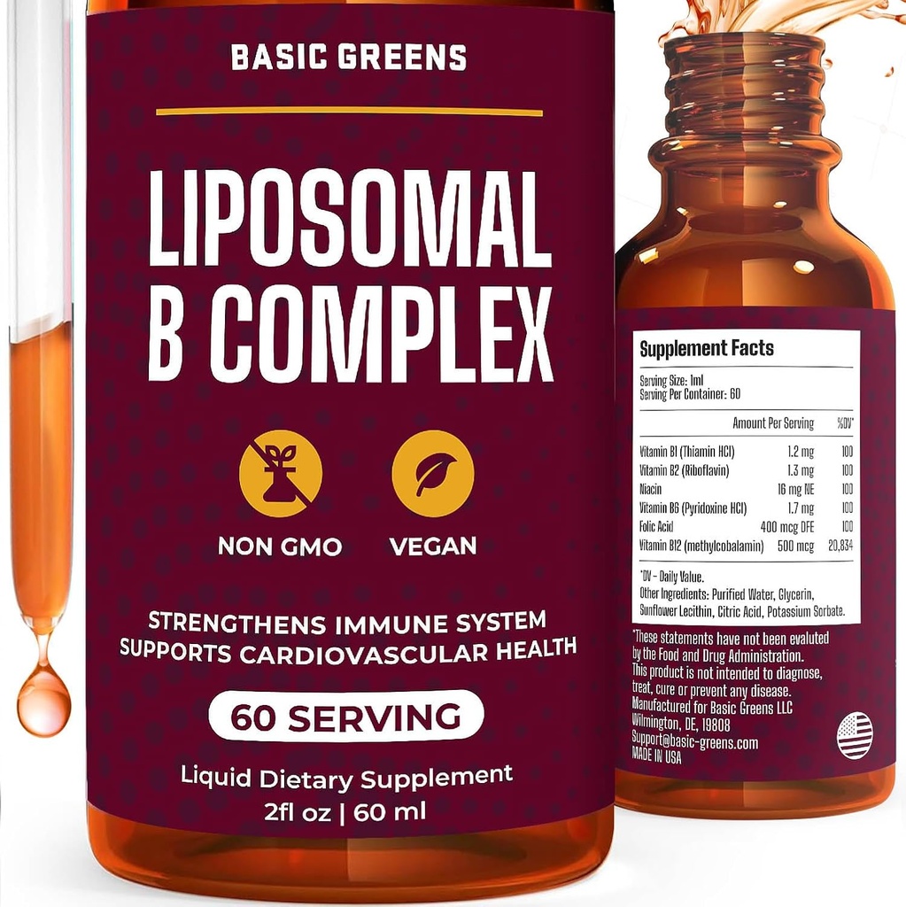 Liposomal B Vitamins Complex Liquid – High Absorption for Energy, Brain & Skin Health, Hair & Nails, Advanced Liposomal Delivery, Vegan, Non-GMO, 2 Fl Oz