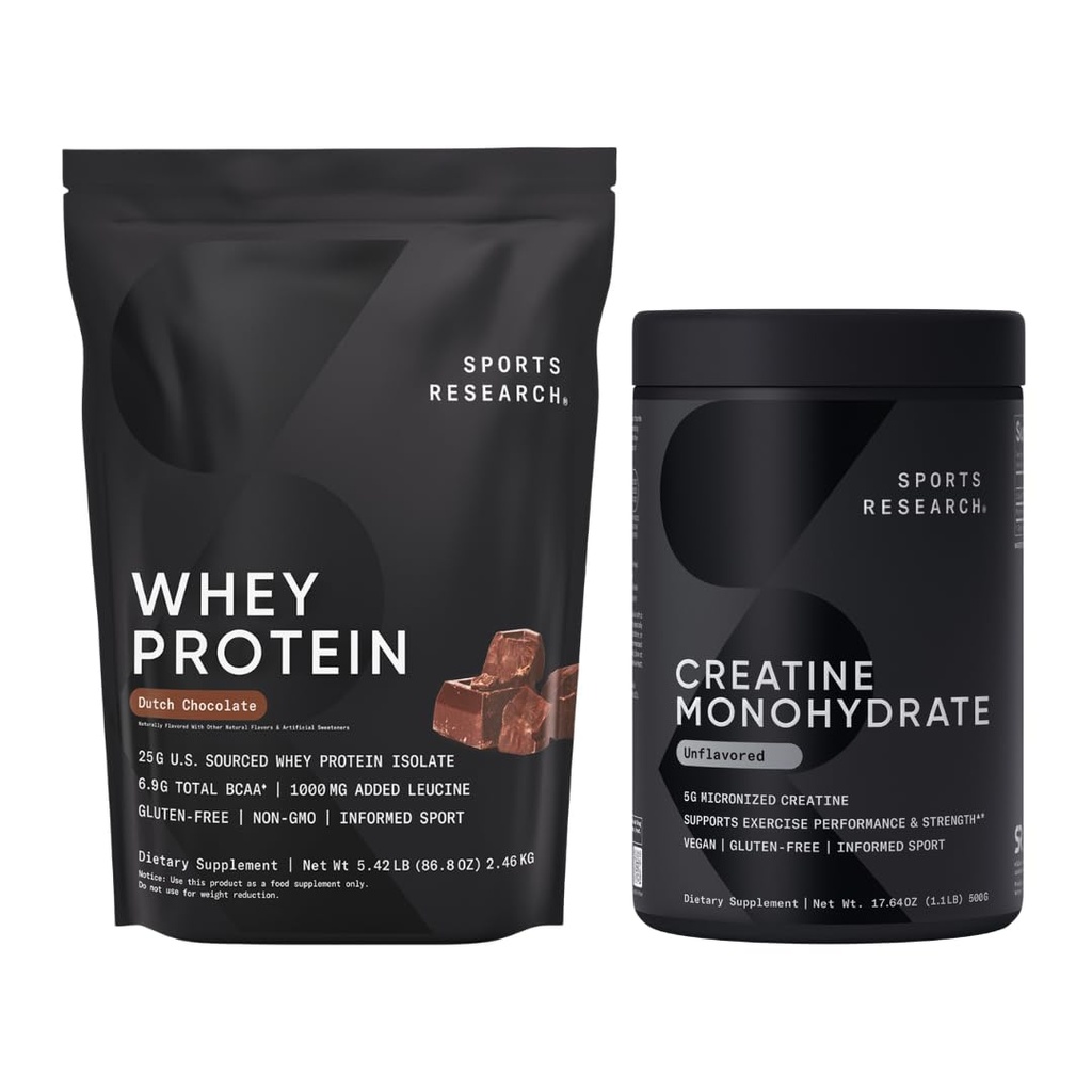スポーツリサーチ®クレアチンモノハイドレート(1.1 LBS)とオランダのチョコレートウィープロテイン(5.42 LBS)、リーンマッスルビルのダイナミックデュオ、パフォーマンスと強度を改善&ワークアウトの回復