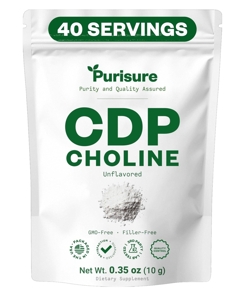 Purisure CDP のコリンの粉、10g の CDP のコリンは支持の注意、焦点およびエネルギー、認知機能のためのシチコリンの粉、増加の動機および生産性、40 のサービングを補います