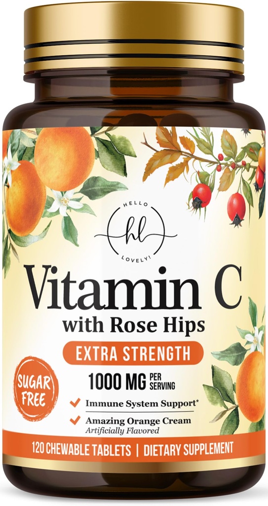 ビタミンCサプリメント1000mg - ローズヒップBioflavonoids - 砂糖無料ビタミンC咀嚼可能なピル、免疫サポート&抗酸化保護のための自然のVit C - 120ケブル錠