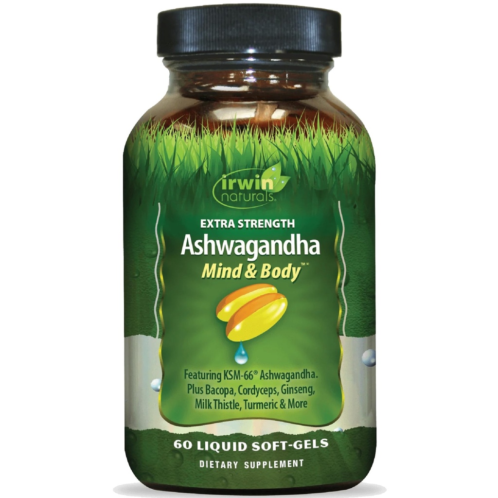 Irwin Naturals Extra Strength Ashwagandhaマインド&ボディアダプトゲンハーブは、Cordyceps、Turmeric、BioPerine、およびその他によるストレス対応、気分、精神的および物理的性能をサポート - 60液体Softgels